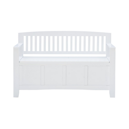 White Cynthia storage bench by Start2Finish with cushioned top and wooden legs, ideal for entryway or living room storage.