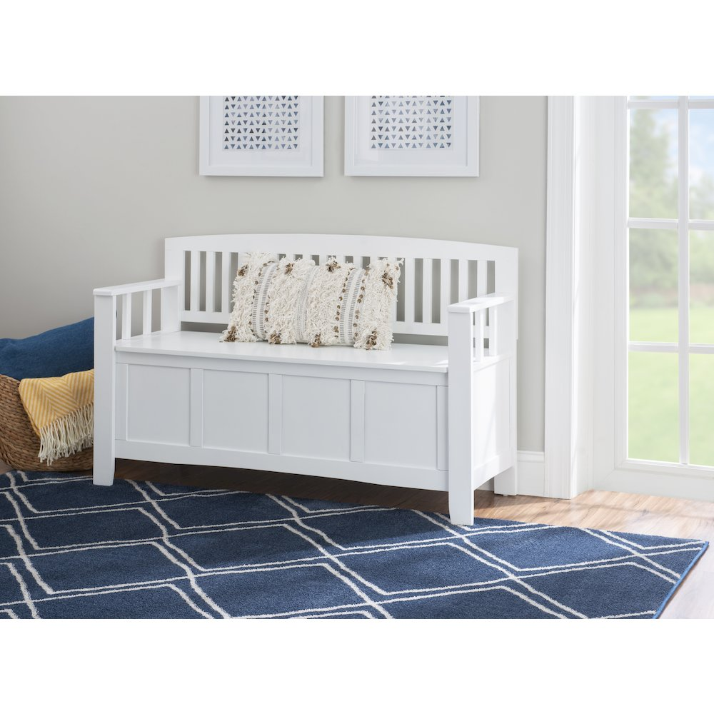 White Cynthia storage bench by Start2Finish with cushioned top and spacious interior for versatile home organization.