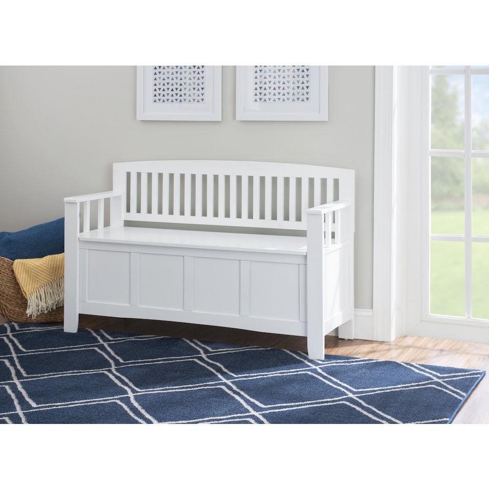 White Cynthia Storage Bench by Start2Finish with cushioned top and interior storage space, ideal for entryways or living rooms.