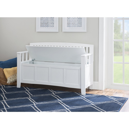 White Cynthia Storage Bench by Start2Finish with cushioned top and built-in storage compartment, ideal for entryways or bedrooms.