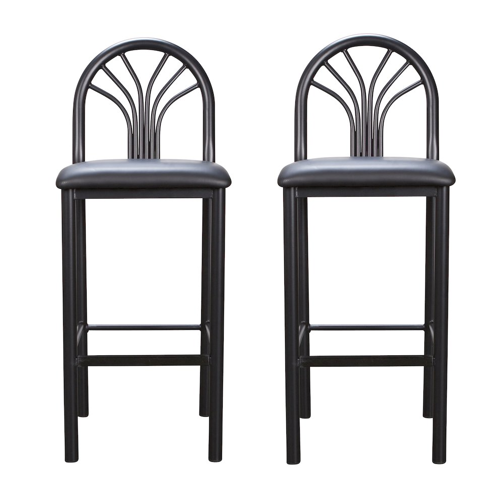 Set of two black Thayer barstools from Start2Finish, featuring modern design with metal legs and cushioned seats.