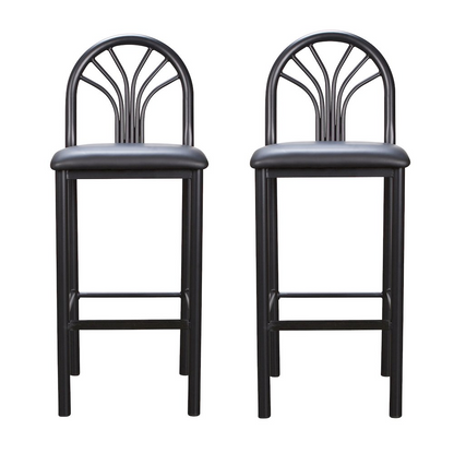 Set of two black Thayer barstools from Start2Finish, featuring modern design with metal legs and cushioned seats.