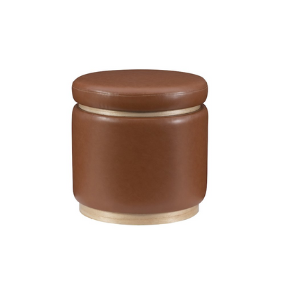 Caramel-colored Blanche Storage Ottoman in Pu leather by Start2Finish, showing its cushioned top and spacious interior storage space.