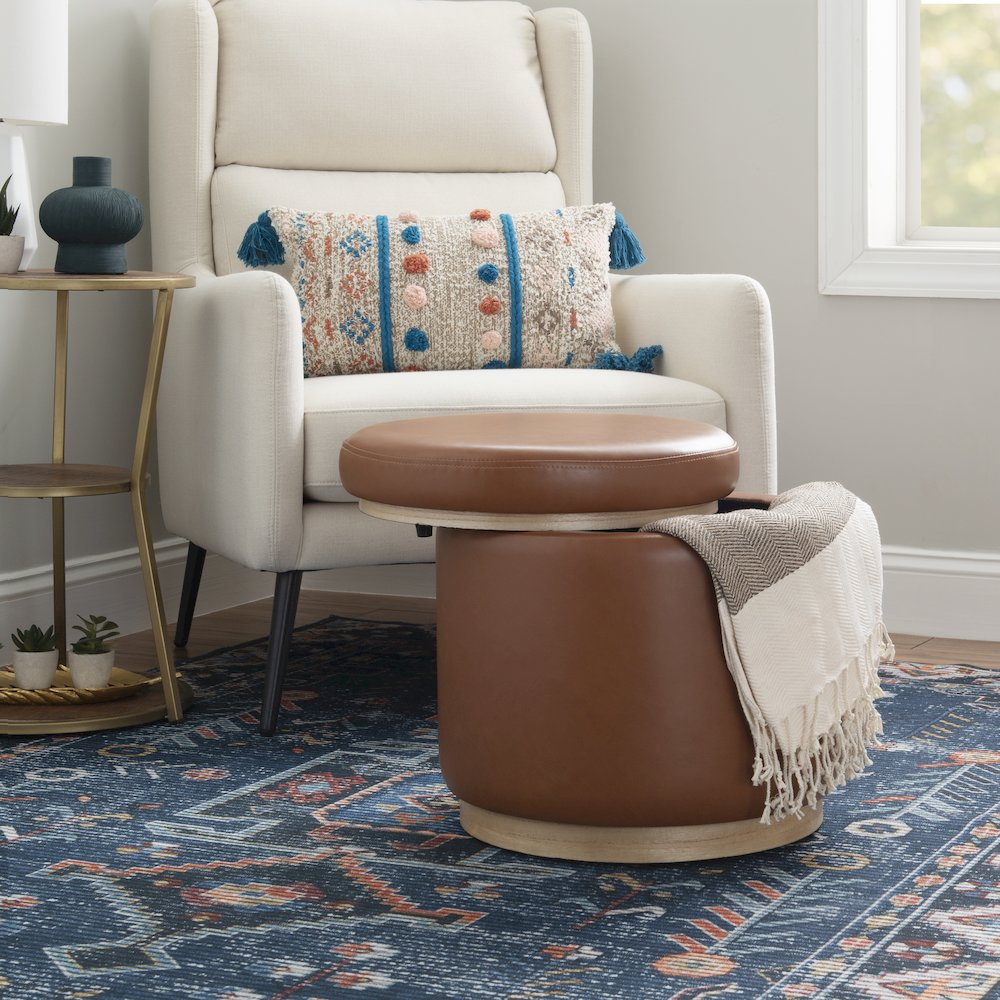 Start2Finish Blanche Storage Ottoman in caramel faux PU leather, showing its plush top and storage compartment interior.