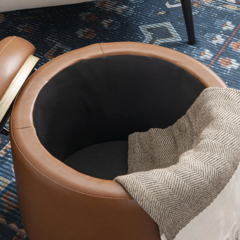Start2Finish Blanche Storage Ottoman in caramel faux PU leather, showing its plush padded lid and spacious interior.