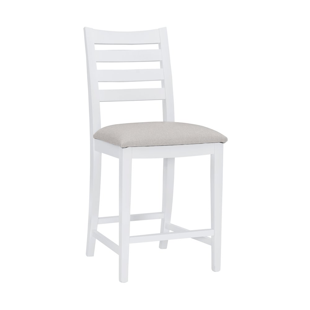 Set of two white upholstered Flynn counter stools by Start2Finish, showcasing cushioned seats and modern design.
