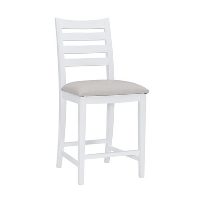 Set of two white upholstered Flynn counter stools by Start2Finish, showcasing cushioned seats and modern design.