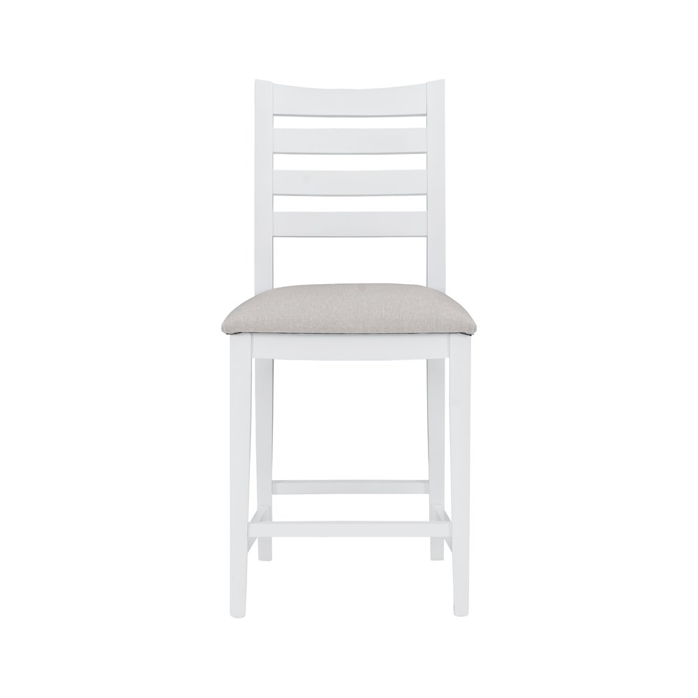 Set of two white upholstered Flynn counter stools by Start2Finish with padded seats and sleek wooden legs.