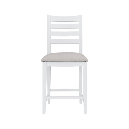 Set of two white upholstered Flynn counter stools by Start2Finish with padded seats and sleek wooden legs.
