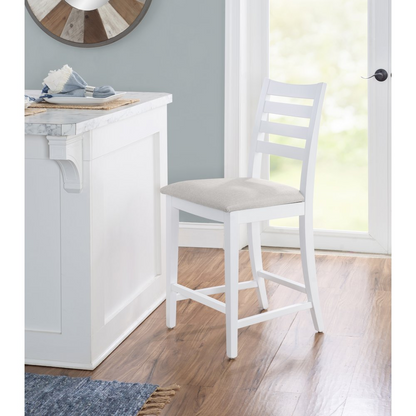 Set of two white Flynn counter stools by Start2Finish with upholstered seats and dark wooden legs, ideal for kitchen or bar areas.
