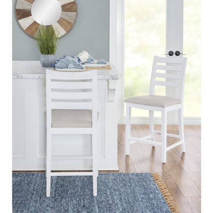 Set of two white upholstered Flynn counter stools by Start2Finish, featuring modern design and padded seats.