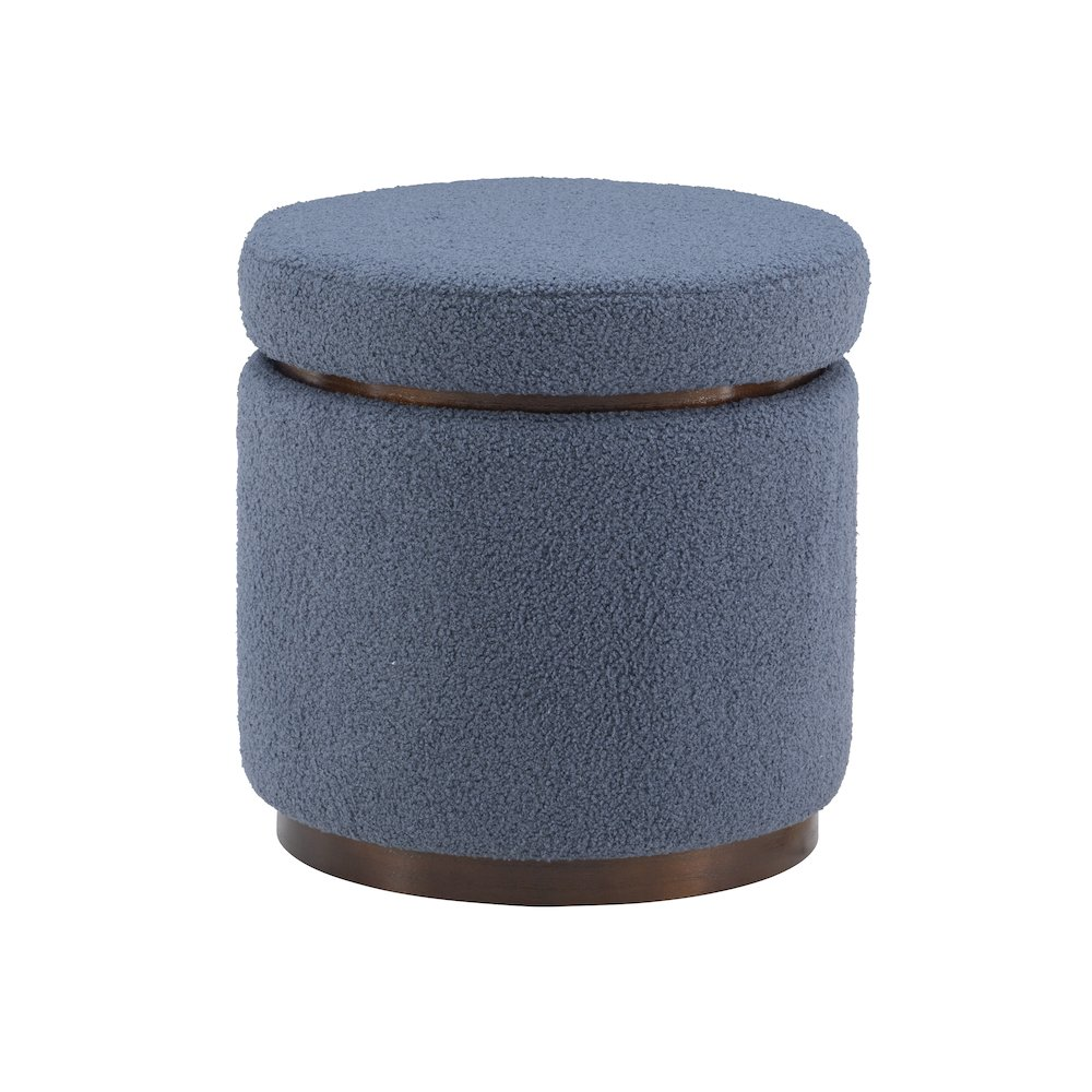 Blue Blanche Storage Ottoman by Start2Finish with Gry Walnut accents, featuring a cushioned top and spacious interior for storage.