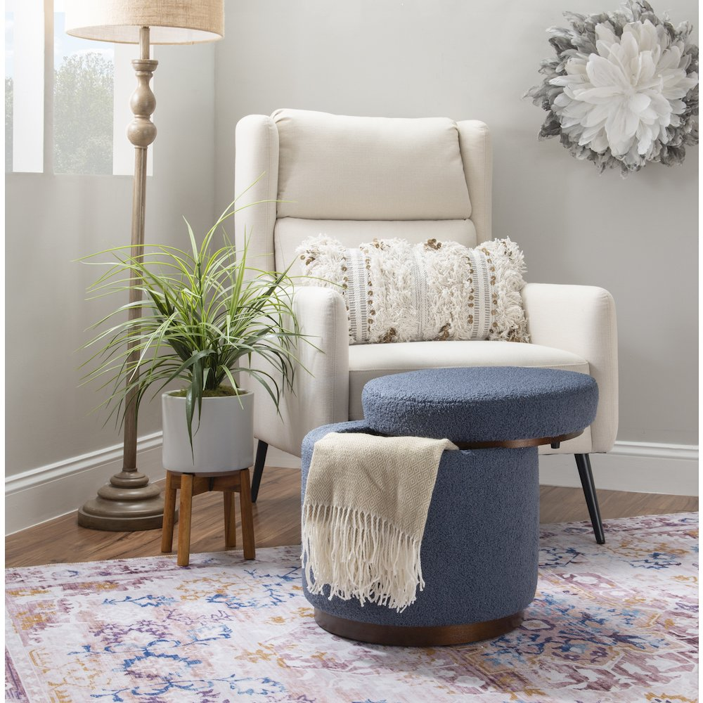 Blue Gry Walnut Blanche storage ottoman by Start2Finish with a cushioned top and wooden base, ideal for living room storage.