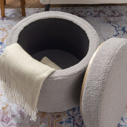 Start2Finish Blanche Grey Storage Ottoman showing a plush fabric lid and spacious interior for versatile furniture storage.