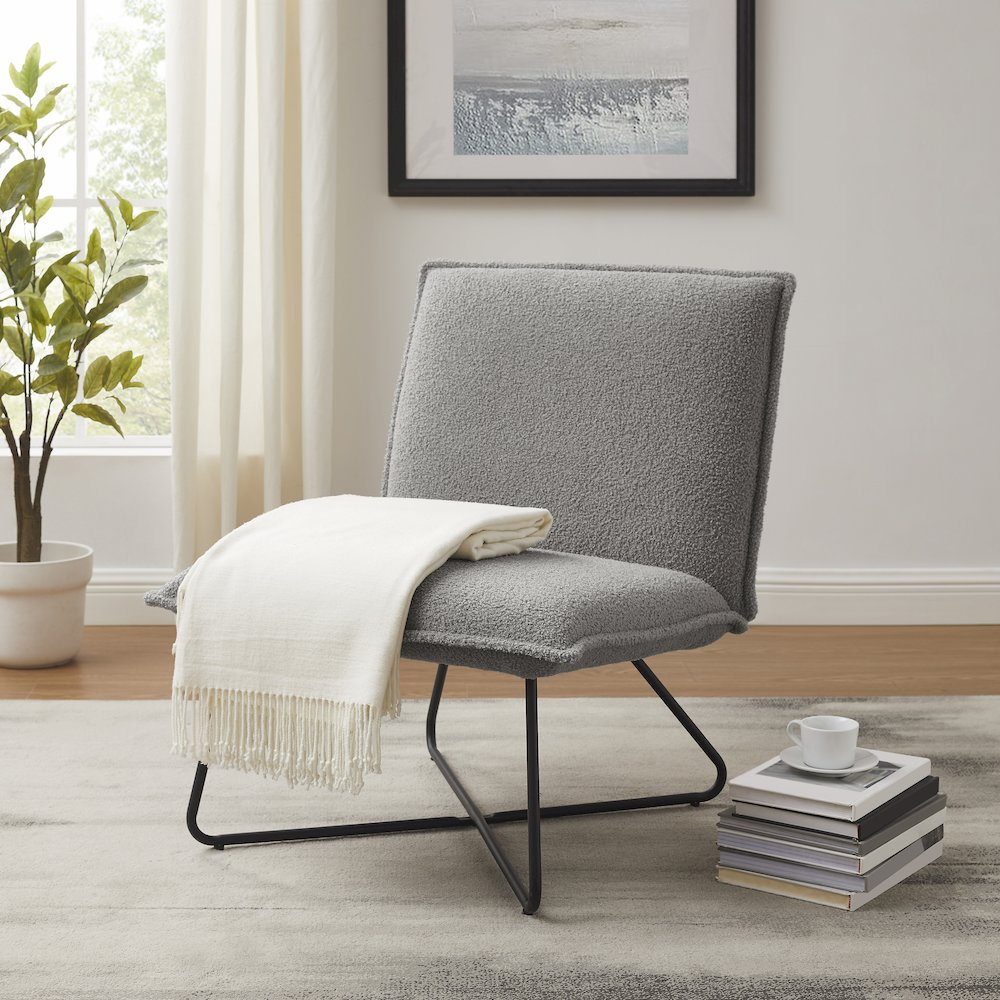Start2Finish Kelvin Sherpa grey chair with plush upholstery and modern design, showcasing a cozy, stylish furniture piece.