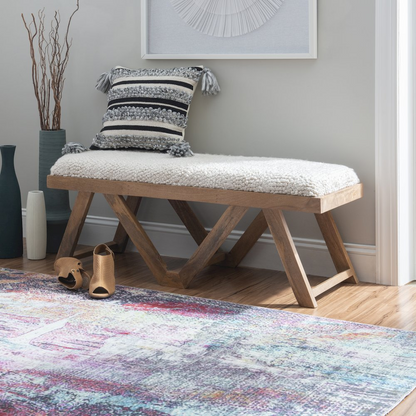 Start2Finish brown upholstered bench with padded seat and wooden legs, ideal for entryways or living room decor.