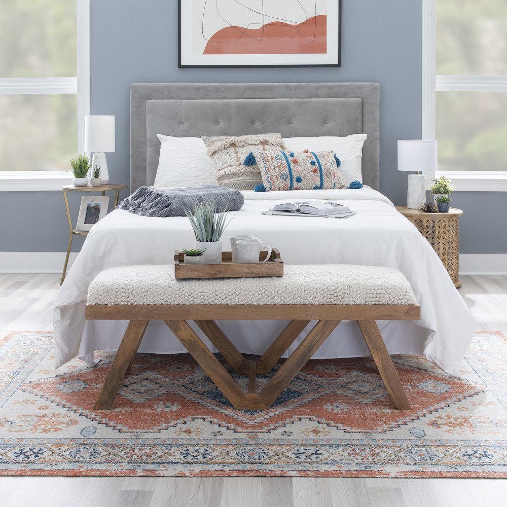 Start2Finish brown upholstered bench showing a padded fabric seat and wooden legs, ideal for entryways or living spaces.