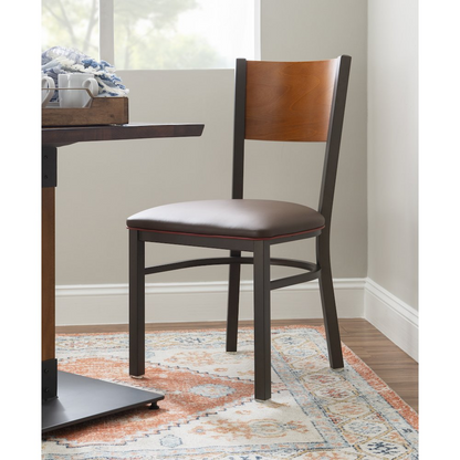 Pair of Start2Finish Elmer brown side chairs with wooden legs, modern furniture design, set of two for dining or casual seating.