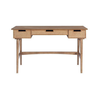 Start2Finish Ryker Rattan Desk, modern furniture with rattan accents, wooden legs, and spacious tabletop for workspace or home office.