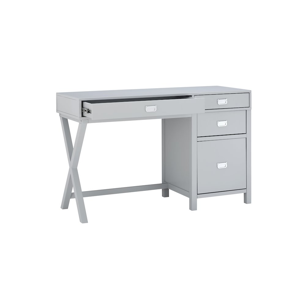 Gray Peggy Side Storage Desk from Start2Finish, showing the modern furniture piece with side storage compartments and a sleek surface.