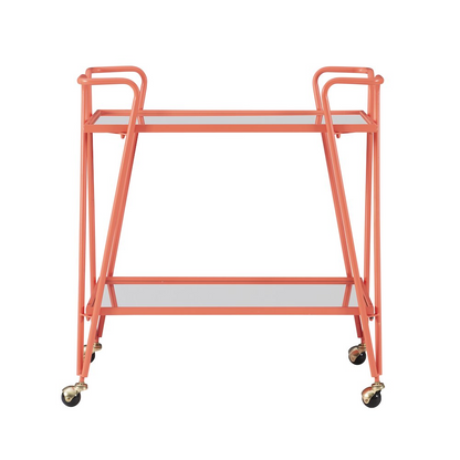 Coral mid-century bar cart by Start2Finish, featuring a stylish wooden frame with two shelves and brass accents for vintage charm.