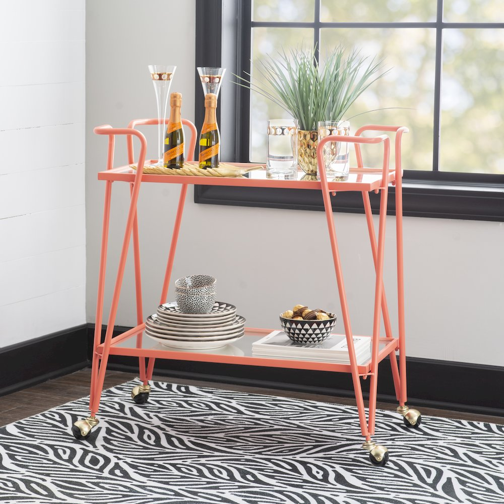 Coral Mid-Century Bar Cart by Start2Finish, stylish furniture with metal frame and wooden shelves, ideal for entertaining spaces.