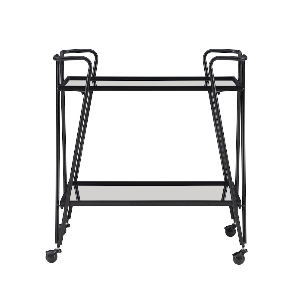 Black mid-century bar cart from Start2Finish with two shelves and casters, ideal for stylish home bar or entertaining space.