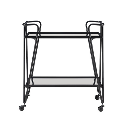 Black mid-century bar cart from Start2Finish with two shelves and casters, ideal for stylish home bar or entertaining space.