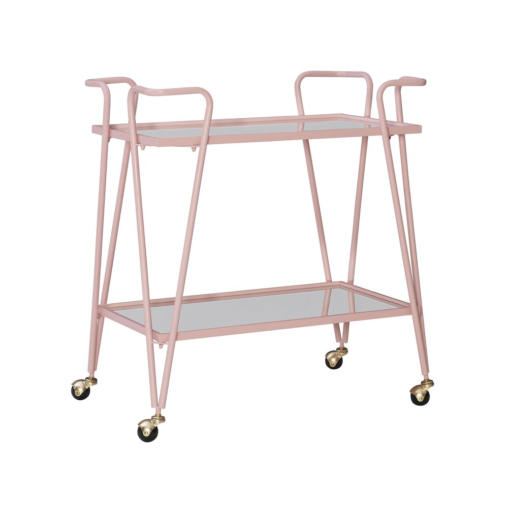 Pink mid-century bar cart by Start2Finish with metal frame, two shelves, and caster wheels for stylish beverage storage.