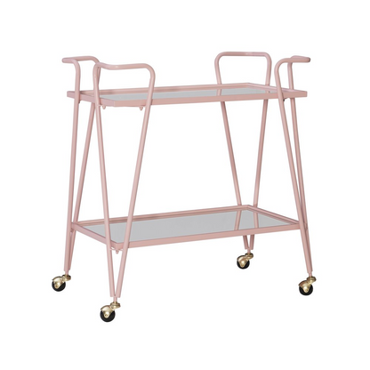 Pink mid-century bar cart by Start2Finish with metal frame, two shelves, and caster wheels for stylish beverage storage.