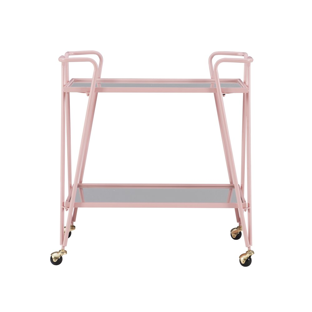 Pink mid-century bar cart from Start2Finish with metal frame and two glass shelves, stylish furniture for serving and storage.
