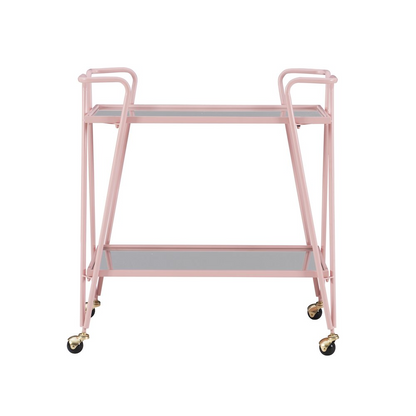 Pink mid-century bar cart from Start2Finish with metal frame and two glass shelves, stylish furniture for serving and storage.