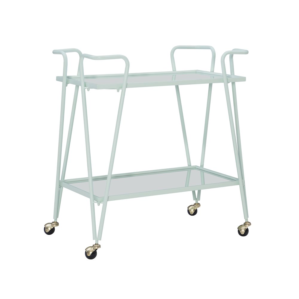 Mint mid-century bar cart by Start2Finish with two shelves and metal frame, perfect for stylish home bar or serving area.