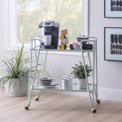 Mint Mid-Century Bar Cart by Start2Finish, stylish furniture with wheels, featuring multiple shelves and a sleek mid-century modern design.