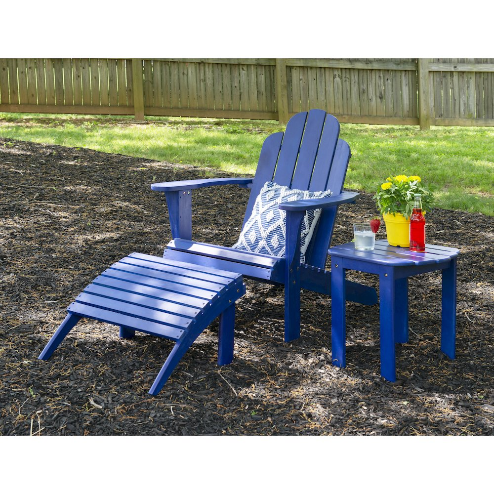 Blue Adirondack Chair from Start2Finish, outdoor wooden furniture with wide armrests and a slanted backrest.