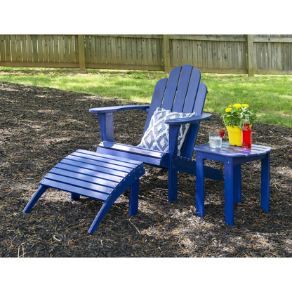 Blue Adirondack Chair from Start2Finish, outdoor wooden furniture with wide armrests and a slanted backrest.
