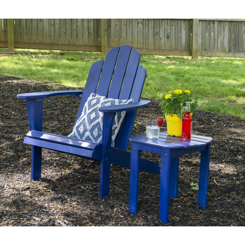 Blue Adirondack Chair by Start2Finish, showcasing a wooden outdoor furniture piece with wide armrests and a sloped backrest.