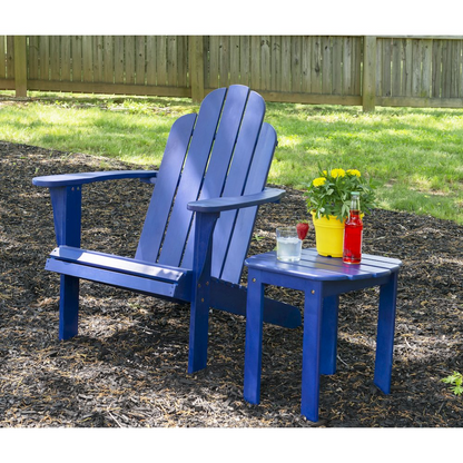 Blue Adirondack chair from Start2Finish furniture set, showing a wooden outdoor chair with wide armrests and slatted back design.