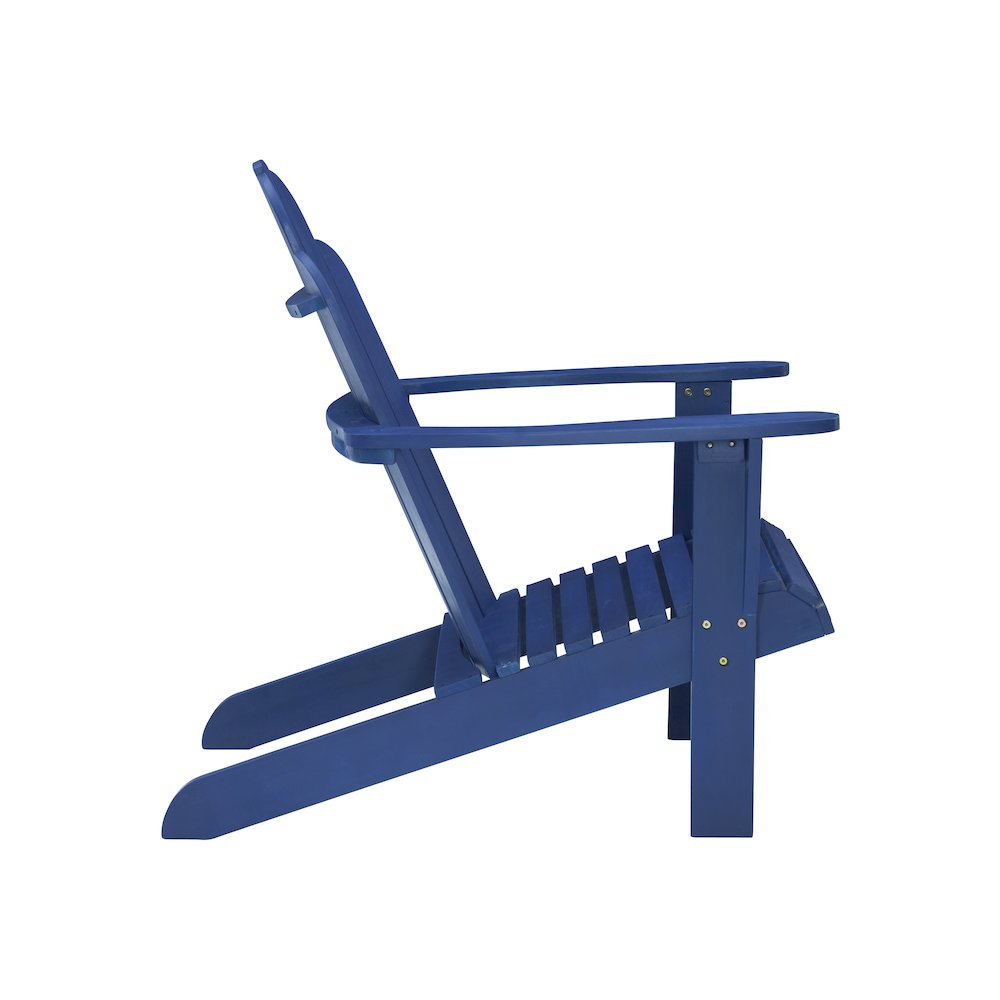 Blue Adirondack chair from Start2Finish, outdoor wooden furniture with wide armrests and a slanted back for comfortable seating.
