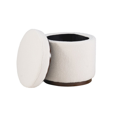 Natural walnut Blanche storage ottoman by Start2Finish with a cushioned top and spacious interior for storage.