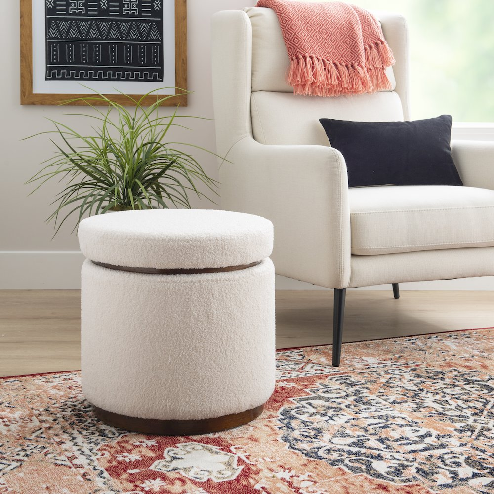 Start2Finish Blanche Storage Ottoman in natural walnut with a cushioned top and wooden base, ideal for living room storage.