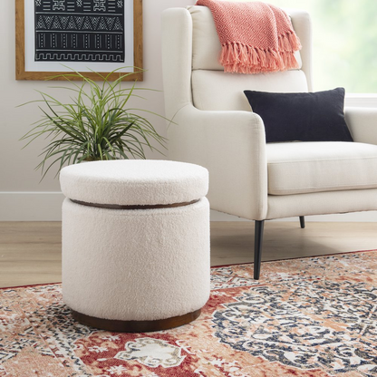 Start2Finish Blanche Storage Ottoman in natural walnut with a cushioned top and wooden base, ideal for living room storage.