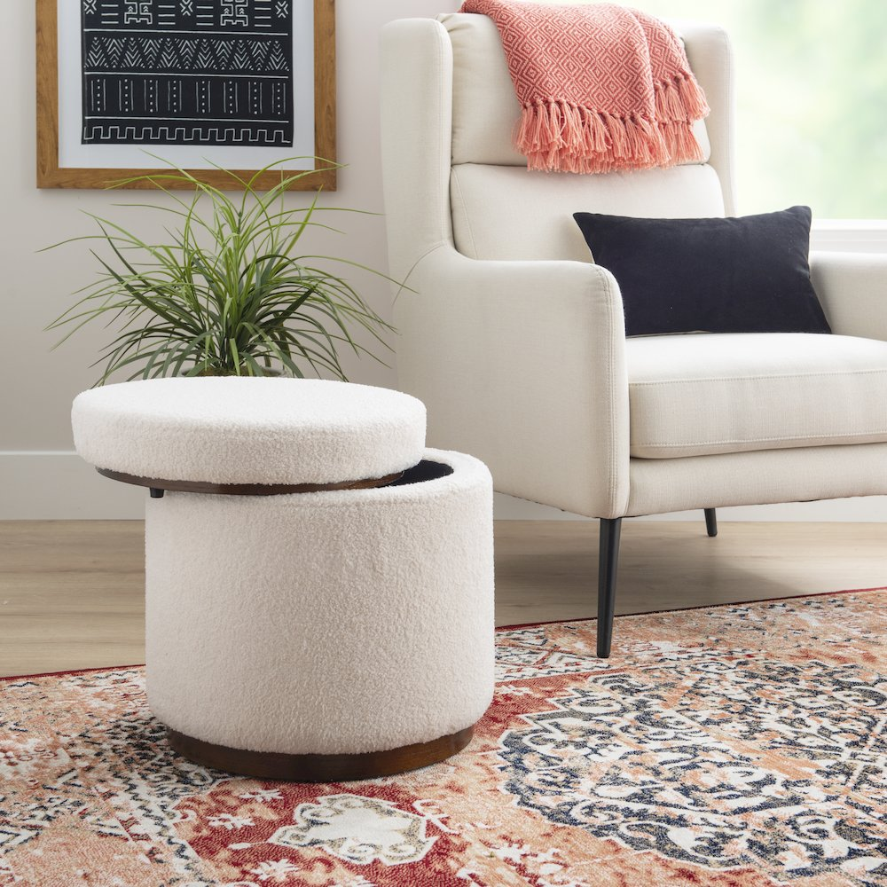 Start2Finish Blanche Storage Ottoman in natural walnut wood with a cushioned top and spacious interior for storage.