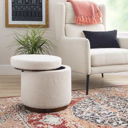 Start2Finish Blanche Storage Ottoman in natural walnut wood with a cushioned top and spacious interior for storage.