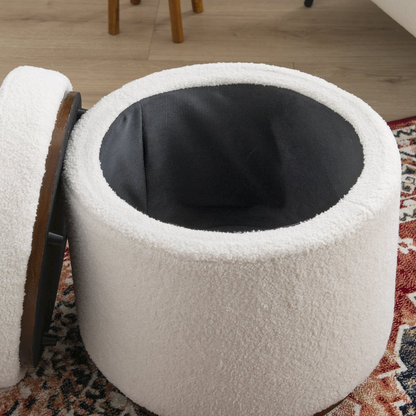 Natural walnut Blanche storage ottoman by Start2Finish with a cushioned top and spacious interior for versatile storage.