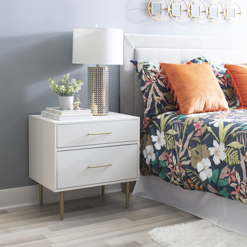 Start2Finish Gloria two-drawer nightstand with dark wood finish and modern design, featuring sleek metal handles.