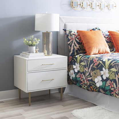 Start2Finish Gloria two-drawer nightstand with dark wood finish and modern design, featuring sleek metal handles.