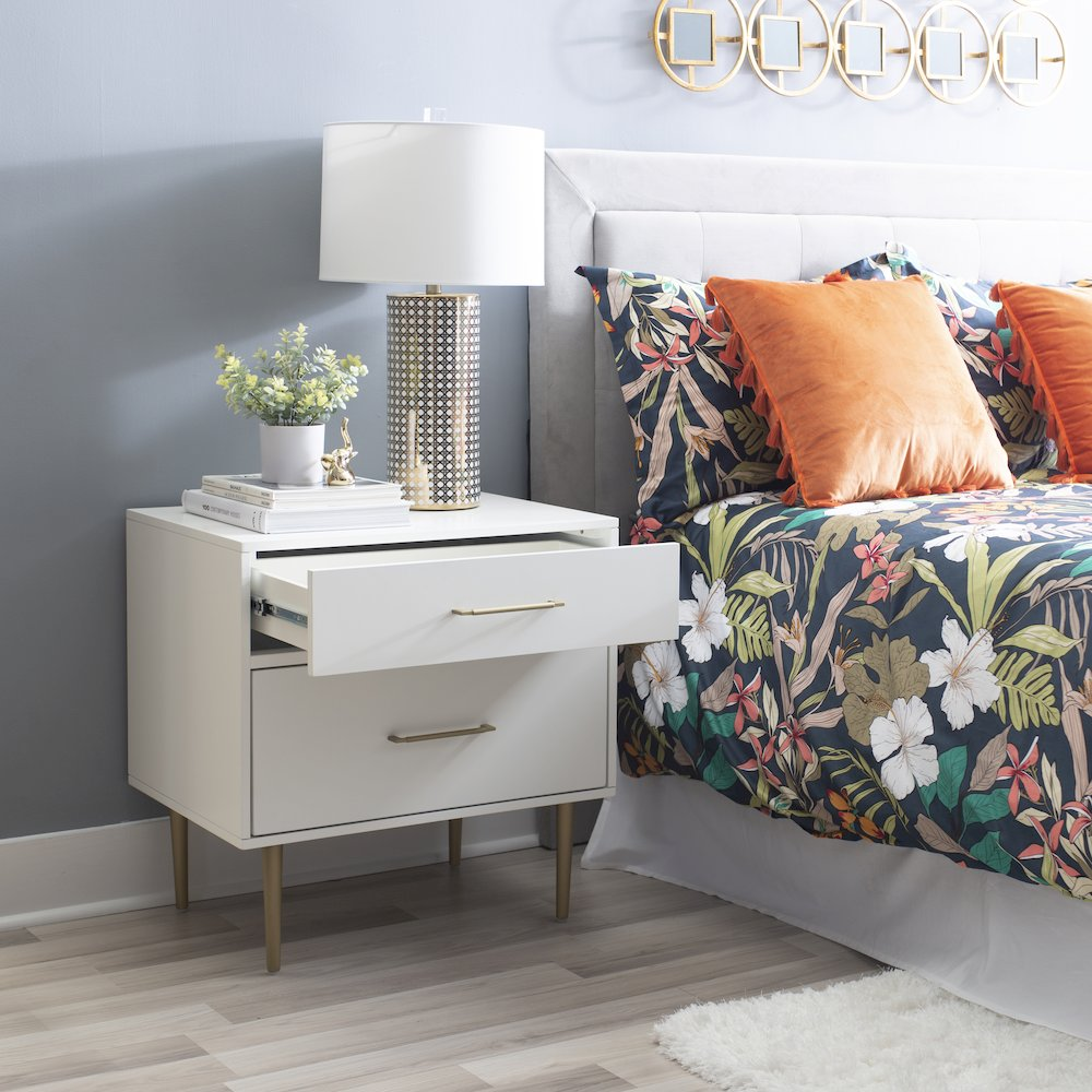 Start2Finish Gloria two-drawer nightstand with wooden finish, featuring sleek handles and a modern design for bedroom storage.
