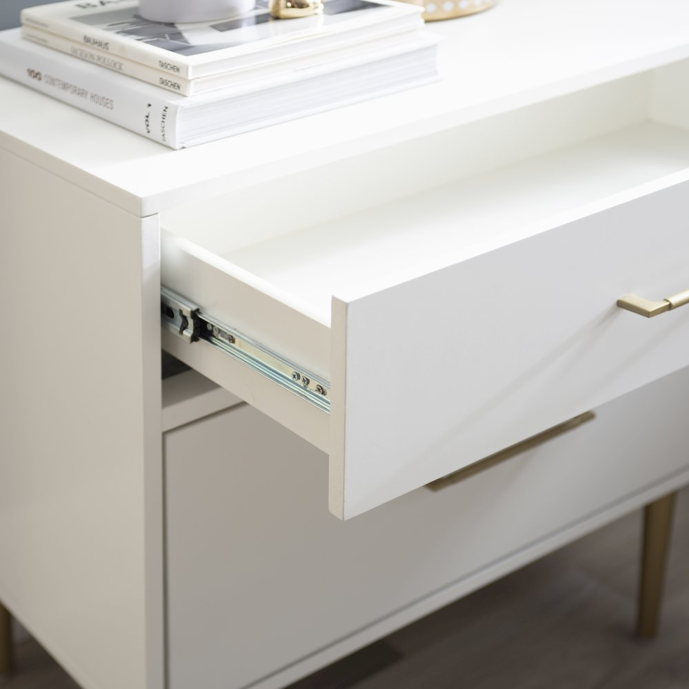 Start2Finish Gloria two drawer nightstand with wood finish and modern design, featuring silver handles and a spacious top surface.