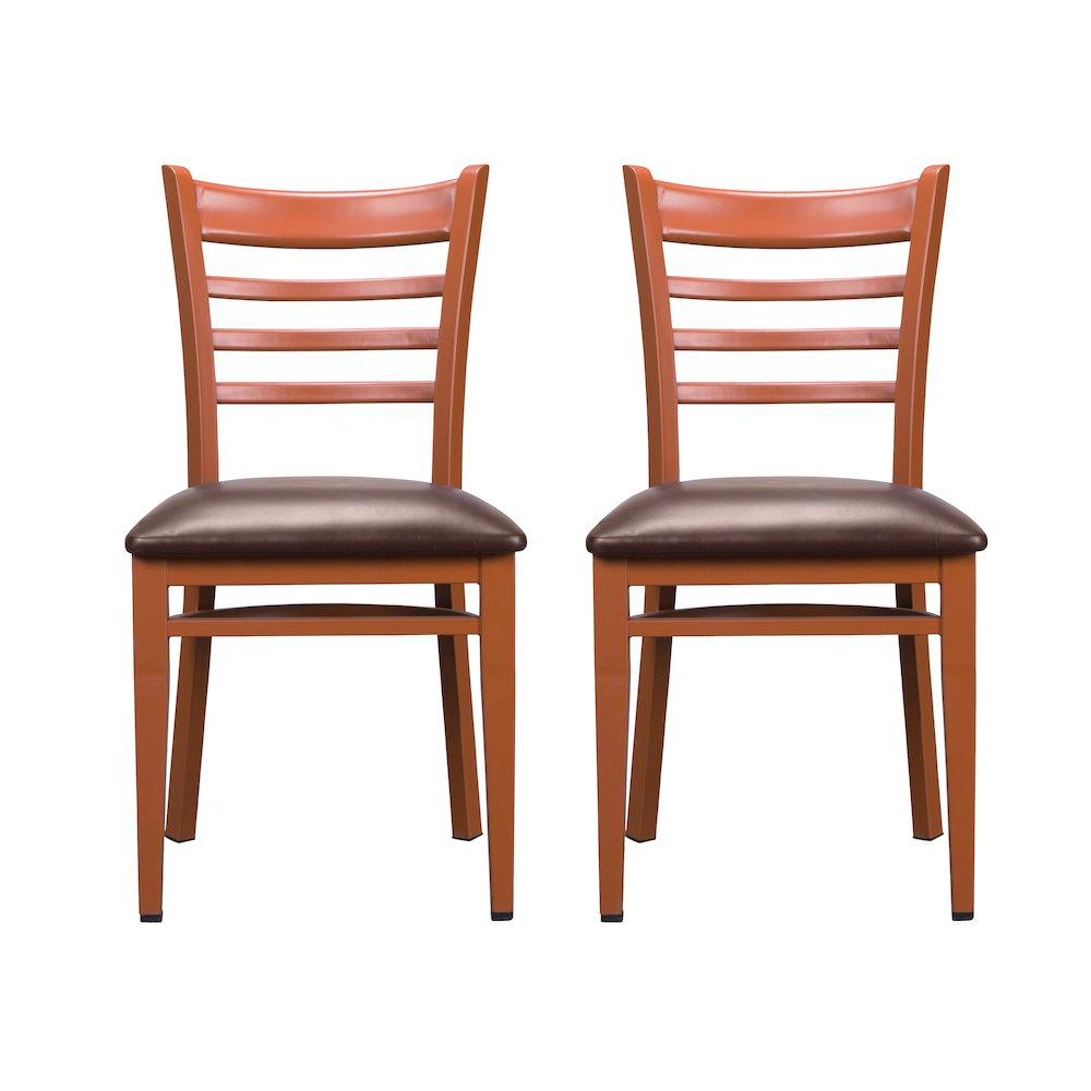 Set of two Start2Finish Baxter metal side chairs in honey and burgundy with sleek metal frames and cushioned seats.